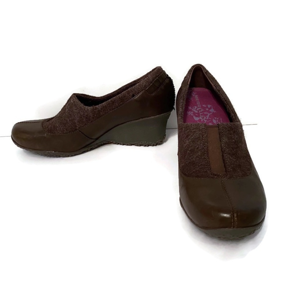 MERRELL SHOES WEDGE BROWN LEATHER FABRIC COMBO COMFORT HEEL Size 7.5 TULIP